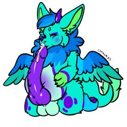 1:1 alpha_channel anthro balls blush bodily_fluids dragon feathered_wings feathers fur genitals horn inflation male mane oral penis solo symrea wings