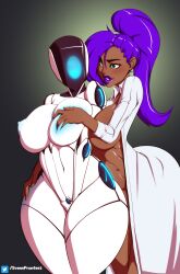 2girls big_breasts breast_grab character_request copyright_request dark-skinned_female dark_skin female female_only huge_breasts large_breasts lesbian lipstick multiple_girls purple_hair purple_lipstick robot robot_girl svenners svenspronfest tight_clothing wide_hips yuri