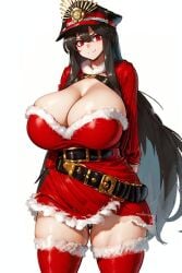 1girls ai_generated alternate_breast_size alternate_costume belt black_hair black_hat breasts cleavage closed_mouth curvy dress fate_(series) female female_only fur grin grinning grinning_at_viewer hair_between_eyes hat hourglass_figure huge_breasts large_breasts long_hair long_sleeves looking_at_viewer oda_nobunaga_(fate) red_dress red_eyes red_thighhighs santa_dress simple_background slim_waist solo thick_thighs thighhighs thighs white_background wide_hips