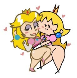 2girls ass blonde_hair cas_van_de_pol cas_van_de_pol_(style) duo female female_focus female_only full_body heart hexanne long_hair mario_(series) multiple_girls nintendo pantsless princess_peach princess_peach_(recap) princess_peach_(terminal_montage) selfcest simple_background square_crossover tagme terminalmontage terminalmontage_(style) white_background yuri