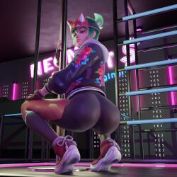 1girls 3d ass athleisure_kiriko brown_eyes dat_ass female female_only green_hair kiriko_(overwatch) non_nude overwatch overwatch_2 pose showing_ass solo stripper stripper_pole