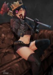 1girls ahe_gao artist_request black_hair chains crop_top crown cunnilingus_gesture decaying_winter gloves goggles midriff multicolored_hair open_mouth purple_hair roblox roblox_game robloxian shorts shotgun_shell sitting sledge_queen sledgehammer sofa source_request spikes tagme thighhighs thighs weapon