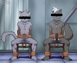 2boys anthro arms_behind_back balls black_body black_fur bondage bound captured censor_bar censored censored_genitalia censored_penis chair chair_bondage cougar duo erect_penis erection feet felid feline fur furniture furry furry_only gay genital_piercing genitals grey_body grey_fur hajime_tanaka_(odd_taxi) jewelry male male_only malesub mammal mephitid multiple_boys multiple_subs necklace nude odd_taxi penis penis_piercing piercing prince_albert_piercing pubes raxkiyamato restraints rope rope_bondage shun_imai_(odd_taxi) skunk spread_legs yaoi