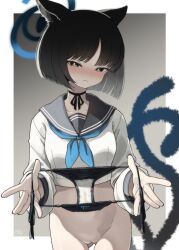 1girls 2_tails allied_hyakkiyako_academy_student animal_ears ass_visible_through_thighs black_choker black_eyes black_hair black_panties black_ribbon black_sailor_collar blue_archive blue_halo blue_neckerchief blunt_ends bob_cut bottomless bow bow_panties breasts cat_ears cat_girl cat_tail choker cleft_of_venus collarbone commentary_request cowboy_shot cropped_shirt female female_only half-closed_eyes halo highres holding holding_clothes holding_panties holding_underwear hyakkaryouran_conflict_resolution_council_(blue_archive) kikyou_(blue_archive) long_sleeves looking_at_viewer medium_breasts multi_tail neckerchief nekomata panties pee_stain presenting_removed_panties pussy ribbon ribbon_choker sailor_collar shirt short_hair side-tie_panties solo stained_panties tail underwear utm_iota white_shirt