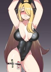 1girls alternate_version_available armpits arms_up big_breasts black_bunnysuit black_eyes blonde blonde_female blonde_hair blonde_hair_female blush breasts bunny_ears bunnysuit cleavage condom cynthia_(pokemon) fake_animal_ears female female_only game_freak hair hair_over_one_eye hips huge_breasts long_hair mature mature_female mature_woman pokémon pokemon pokemon_champion pokemon_dppt solo solo_female tetsu_chokoreto thick_thighs thigh_strap thighs wide_hips
