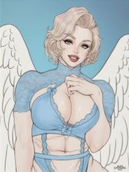 1girls abs alexcherubic angel angel_wings bimbo blonde_hair boobs breasts female_focus female_only green_eyes lace muscles muscular muscular_female original original_character short_hair sketch smile underwear wings