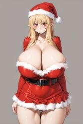 1girls ai_generated alternate_breast_size alternate_costume bangs belt blonde_hair blush blushing_at_viewer breasts christmas_outfit cleavage closed_mouth dress fur hat hourglass_figure huge_breasts large_breasts long_hair long_sleeves looking_at_viewer nijisanji nijisanji_en pointy_ears pomu_rainpuff red_dress red_eyes red_hat santa_dress santa_hat simple_background slim_waist solo thighs virtual_youtuber white_background