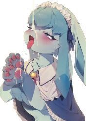 absurd_res anthro bell blue_body blue_fur blue_hair blush bodily_fluids clothed clothing cum cum_on_face cum_on_hand eeveelution female fur generation_4_pokemon genital_fluids glaceon hair headdress hi_res kemono nintendo open_mouth pawpads pokemon pokemon_(species) sen_light simple_background solo tongue tongue_out white_background