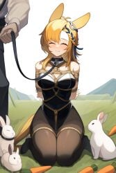 ai_generated arknights blonde_hair bondage bunny bunny_ears bunny_girl bunnysuit closed_eyes collar doctor_(arknights) happy_sub kneeling kroos_(arknights) kroos_the_keen_glint_(arknights) leash leash_and_collar leashed_collar smile tiques