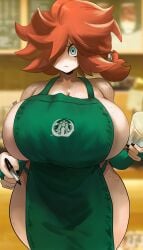 1girls 2023 5_fingers apron apron_only barista big_breasts big_thighs black_nails blue_eyes blue_pupils breasts breasts_bigger_than_head breasts_out closed_mouth cup curvaceous curvy curvy_body curvy_female curvy_thighs employee employee_uniform enormous_breasts enormous_thighs female female_focus female_human female_only female_pubic_hair female_solo freckles freckles_on_breasts freckles_on_face freckles_on_thighs giant_breasts giant_thighs gigantic_breasts gigantic_thighs green_apron hair_covering_eye hair_covering_one_eye hair_over_one_eye highres holding_cup holding_object holding_pen huge_breasts huge_thighs i_mean_breast_milk laidia_becker large_breasts large_thighs looking_at_viewer massive_breasts massive_thighs milf noblood one_eye_covered orange_hair original original_character partially_clothed partially_nude pen practically_nude ryandomonica short_hair solo solo_female solo_focus standing starbucks starbucks_meme thick thick_female thick_thighs thighs thunder_thighs thunderthighs voluptuous voluptuous_female white_body white_skin