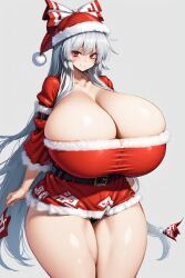 1girls ai_generated alternate_costume bangs belt bow breasts christmas_outfit cleavage curvy dress female female_only fujiwara_no_mokou gigantic_breasts hair_bows hat head_bow hourglass_figure large_breasts long_hair looking_at_viewer red_dress red_eyes red_hat santa_dress santa_hat simple_background slim_waist smile smiling smiling_at_viewer solo thick_thighs thighs touhou white_background white_bow white_hair wide_hips