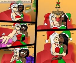 2girls black_body black_hair black_skin blue_eyes breasts brown_eyes character_request christmas christmas_clothing christmas_hat christmas_headwear christmas_lights christmas_outfit christmas_present christmas_tree cleavage cleavage_dress comic_panel commission commission_art conjoined conjoined_twins female female_only fireplace fusion gift gift_bow gift_wrapped holidays huge_breasts interracial kissing large_breasts lesbian_kiss mistletoe reaper2545 santa_dress santa_hat sharing sharing_clothes sitting sitting_on_chair straight_hair stuck_together two_tone_body two_tone_skin white_bikini_top white_body white_hair white_skin yuri