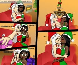 2girls black_body black_hair black_skin blue_eyes breasts brown_eyes character_request christmas christmas_clothing christmas_hat christmas_headwear christmas_lights christmas_outfit christmas_present christmas_tree cleavage cleavage_dress comic_panel commission commission_art conjoined conjoined_twins dialogue female female_only fireplace fusion gift gift_bow gift_wrapped holidays huge_breasts interracial kissing large_breasts lesbian_kiss mistletoe reaper2545 santa_dress santa_hat sharing sharing_clothes sitting sitting_on_chair straight_hair stuck_together text two_tone_body two_tone_skin white_bikini_top white_body white_hair white_skin yuri