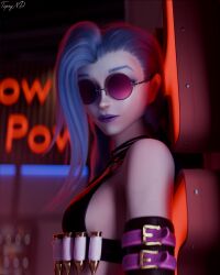 3d arcane arcane_jinx blue_hair glasses jinx_(league_of_legends) league_of_legends neon_lights night pinup purple-tinted_eyewear riot_games small_breasts sunglasses tinted_eyewear tipsynd