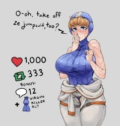 apex_legends ass big_ass big_breasts big_thighs blonde_hair blue_eyes blush breasts dialogue huge_ass huge_breasts huge_thighs lichtenberg_figure looking_at_viewer scar scars short_hair sindio sweater tagme text thick_hips thick_thighs thighs twitter twitter_strip_game_(meme) unzipped wattson_(apex_legends)