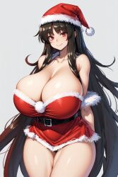 1girls ai_generated alternate_costume bangs bare_shoulders belt black_hair breasts christmas_outfit cleavage curvy female female_only fur hat hourglass_figure huge_breasts kaguya_houraisan large_breasts long_hair looking_at_viewer red_eyes red_hat santa_hat simple_background sleeveless slim_waist smile smiling smiling_at_viewer solo strapless thick_thighs thighs touhou white_background wide_hips