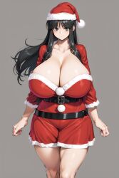 1girls ai_generated alternate_breast_size alternate_costume bangs belt black_hair breasts christmas_outfit cleavage curvy female female_only fur gray_background gray_eyes gyakuten_saiban hat hourglass_figure huge_breasts large_breasts long_hair long_sleeves looking_at_viewer maya_fey red_hat santa_hat simple_background slim_waist smile smiling smiling_at_viewer solo standing thighs wide_hips