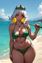 1girls ai_generated bikini breasts curvy female female_only green_bikini green_swimwear league_of_legends navel qiyana_yunalai riot_games rocksolidart seaside solo solo_female swimwear white_hair wide_hips