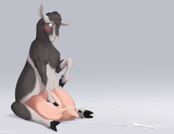 1girls blue_eyes blush blush_lines breast_squish caprine clenched_teeth cloven_hooves crotchboobs female female_only feral feral_only funnel-shaped_teats goat grey_body grey_fur hooves huge_crotchboobs kamilazu lactation milk milk_on_floor nipples projectile_lactation shocked simple_background teeth udders udders_touching_ground veiny_udders