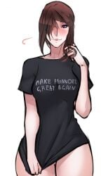 big_breasts black_shirt blush brown_hair dark_souls dark_souls_3 fromsoftware hair_over_one_eye looking_down make_america_great_again meme_clothing pale_skin purple_eyes scas shirt_only shy sister_friede slim_waist smile thick_thighs thighs wide_hips