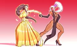 2girls armpits brown_hair character_request copyright_request dancing dark-skinned_female dark_skin dress female female_only gloves golden_dress golden_lipstick high_heels lipstick long_hair multiple_girls ponytail side_slit svenners svenspronfest white_hair