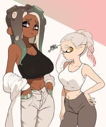 2girls armpits big_breasts big_thighs breasts brown_hair chocolate_and_vanilla dark-skinned_female dark_skin female female_only hands_in_pockets huge_breasts inkling jacket jeans leggings light-skinned_female light_skin long_hair marina_(splatoon) nervous nintendo nipple_bulge nipples nipples_visible_through_clothing octoling off_shoulder off_the_hook_(splatoon) pearl_(splatoon) pouting short_hair splatoon splatoon_2 tentacle_hair thick_thighs white_hair yuta_agc