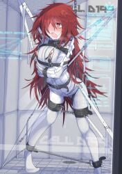 1girls absurdres blush bondage bound bound_arms breast_zipper chains character_request collar commentary_request egg_vibrator female female_only glass_door hair_over_one_eye heart heart-shaped_pupils highres holographic_interface long_hair menou_74 messy_hair nipple_clamps oerba_yun_fang original padded_walls pantyhose pussy_juice red_eyes red_hair sex_toy skin_fang solo spreader_bar standing straitjacket symbol-shaped_pupils variant_set very_long_hair vibrator white_pantyhose