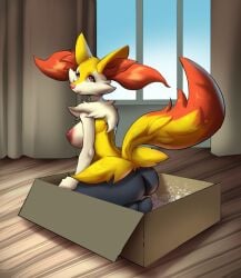 absurd_res anthro areola big_breasts big_butt big_tail box braixen canid canine container female generation_6_pokemon hi_res mammal nardy616 nintendo nipples nude pink_areola pink_nipples pokemon pokemon_(species) sky solo tail window