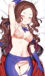 1girls armpits arms_up belly belly_button black_bow blue_gloves blue_pantyhose blush bow bra breasts brown_hair cameltoe cleft_of_venus dakimakura detached_collar elbow_gloves fate/grand_order fate_(series) feet_out_of_frame female female_only gloves hair_ornament high_resolution leonardo_da_vinci_(fate/grand_order) leonardo_da_vinci_(rider)_(fate) light-skinned_female light_skin long_hair m-da_s-tarou navel open_mouth panties pantyhose pink_bra pink_panties sleeping small_breasts smile solo stomach thick_thighs thighs torn_clothes underwear