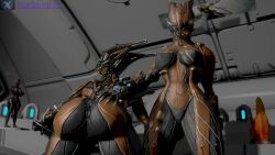 2girls 3d 3d_(artwork) big_ass big_breasts catgirl claws female female_only glowing glowing_genitalia looking_at_viewer metallic_body naked_female samtrix sfm source_filmmaker tagme valkyr_(warframe) warframe