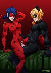 1boy 1girls 2d 2d_(artwork) adrien_agreste artist_name big_breasts blonde_hair blue_eyes blue_hair bodysuit cat_ears cat_noir crotch_cutout eye_mask female glowing_eyes ladybug_(character) male marinette_dupain-cheng miraculous_ladybug on_bed penis pigtails ripped_clothes ripped_clothing sex simple_background straight superhero superheroine torn_clothes vaginal vaginal_penetration vitzeal