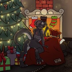 2023 anthro anus ass black_body black_scales chimney christmas christmas_decorations christmas_lights christmas_present christmas_stocking christmas_tree claws detailed_background digital_drawing_(artwork) digital_media_(artwork) female genitals gift hi_res holidays horn kazarra_the_kobold kobold looking_at_viewer nude plant pussy reptile santa_claus scales scalie senjio shaded shush signature smile solo tail tree watermark