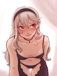 1girls breasts chiffonfae corrin_(fire_emblem) corrin_(fire_emblem)_(female) female female_only fire_emblem fire_emblem_fates grey_hair hairband looking_away nintendo pointy_ears red_eyes small_breasts solo thighs