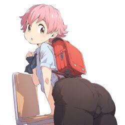 1boy :o ai_generated ass ass_focus backpack big_ass big_butt blush brown_eyes bubble_ass bubble_butt bulge from_behind huge_ass leaning leaning_forward looking_at_viewer looking_back male original pants pink_hair school_uniform shiny shiny_hair short_hair solo