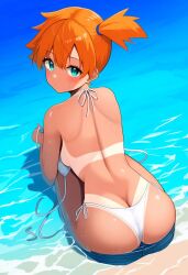 1girls ai_generated ass asymmetrical_hair beach bikini blush breasts clothing denim denim_shorts female female_only from_behind game_freak gen_1_pokemon green_eyes gym_leader high_resolution kasumi_(pokemon) looking_at_viewer looking_back nintendo orange_hair outdoors pokemon pokemon_(anime) pokemon_(classic_anime) pokemon_(game) pokemon_rgby ponytail shirt short_hair shorts side_ponytail sideboob solo squatting swimsuit tan_body tank_top tanline tanned tanned_skin tied_hair tree water willydude