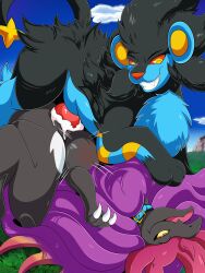 absurd_res augury_(artist) big_belly bodily_fluids claws cloud collar cum cum_in_pussy cum_inside dominant dominant_male duo evil_grin female female_penetrated feral genital_fluids genitals grass grin hi_res hybrid inflation knot leaking_cum lone_(lonewolffl) long_hair looking_pleasured luxray lying male male/female male_penetrating male_penetrating_female nintendo on_back outside penetration penis plant pokémon_(species) pokemon pokemon_(species) pussy raising_arm salazzle sex smile submissive submissive_female vaginal_penetration walking_wake