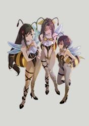 3girls aerith_gainsborough antennae bee bee_costume bee_girl black_hair braided_ponytail breasts brown_eyes brown_hair closed_eyes fake_wings female female_only final_fantasy final_fantasy_vii fishnet_pantyhose fishnets fully_clothed goku-chan hair_flower high_heels honey_bee_inn honeybee_inn_uniform large_breasts leotard long_hair looking_at_viewer multicolored_leotard pantyhose ponytail red_eyes short_hair small_breasts stinger tifa_lockhart wings wrist_cuffs yuffie_kisaragi