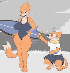 anthro ass big_breasts biped blush bodily_fluids breasts buizel clothed clothing cooliehigh duo eyewear female furry furry_female generation_4_pokemon glasses hi_res male nintendo one-piece_swimsuit orange_body pokemon pokemon_(species) red_eyes sweat swimsuit thick_thighs thighs