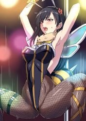 1girls antennae bee bee_costume bee_girl black_hair breasts earrings fake_wings final_fantasy final_fantasy_vii final_fantasy_vii_remake fishnet_pantyhose fishnets hai_(h81908190) hair_flower highleg highleg_leotard honey_bee_inn honeybee_inn_uniform large_breasts leotard long_hair multicolored_leotard pantyhose pole pole_dancing red_eyes stinger tifa_lockhart wings wrist_cuffs