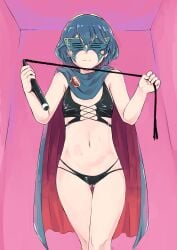 1girls alternate_hairstyle ass_visible_through_thighs black_panties blue_hair breasts cape corset dominatrix fire_emblem fire_emblem_awakening hairband holding_whip latex_corset looking_at_viewer lucina_(fire_emblem) marth_(fire_emblem_awakening) mask midriff navel nervous nintendo panties sekaihebi short_blue_hair short_hair small_breasts whip