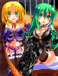 2girls barred_window black_corset black_panties blonde_hair bondage boots breasts brick_wall candlelight candles chair choker collar corset dominatrix elbow_gloves femdom fishnet_thighhighs fishnets frog_hair_ornament garter_straps gin_(shioyude) gloves green_eyes green_hair holding_collar holding_riding_crop holding_whip large_breasts leash long_hair looking_at_viewer midriff navel panties purple_corset purple_panties riding_crop sanae_kochiya short_hair sitting_on_chair source_request suwako_moriya thigh_boots thighhighs touhou viewer_on_leash whip