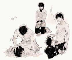 2boys anal anal_sex bar_censor blowjob bound_wrists cigarette completely_nude fellatio from_behind gay gintama hair_grab hand_on_another's_head hijikata_toshiro male male_only male_pubic_hair monochrome multiple_scenes nude oral pinned pixiv_id_13489207 police_uniform pubic_hair questionable_consent sheet_grab shinsengumi_(gintama) smoking topless topless_male wrist_grab yamazaki_sagaru yaoi