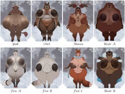 8girls absurd_res anthro antlers areola areola_tattoo avian bear belly big_areola big_belly big_breasts big_nipples bird bovid bovine breast_grab breasts canid canine claws cloak clothing dark_areola dark_nipples deer dizzyknight female fox genitals group hair_over_eyes hand_on_breast hat headgear headwear hi_res hooves horn huge_areola huge_breasts huge_hips huge_nipples hyper hyper_areola hyper_breasts inverted_nipples lips mammal moose multiple_girls navel new_world_deer nipples nude overweight overweight_anthro overweight_female owl paws pubes pussy sagging_breasts short_stack slightly_chubby small_waist tattoo thick_thighs toque wide_hips yak