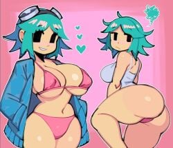 1girls back_view bikini black_eyes blue_hair blush cleavage female fiinel goggles goggles_on_head heart large_breasts looking_at_viewer looking_back messy_hair nipple_bulge pajamas panties partially_clothed pink_underwear ramona_flowers scott_pilgrim short_hair tanktop underwear