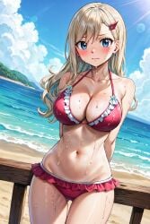 1girls ai_generated ash_blonde_hair beach beach_background big_breasts bikini blonde_hair blue_eyes blush blushing_at_viewer edens_zero long_hair nervous pink_bikini rebecca_bluegarden sea seaside shy solo standing wet wet_body wet_skin