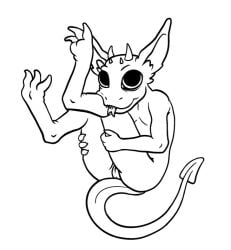 anthro anus black_and_white blep curled_up female fetal_pose flat_chested genitals horn kobold monochrome pointed_tail presenting pussy scalie simple_background slomnir solo tongue tongue_out white_background