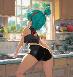 ass ass_focus athletic_shorts bent_over booty_shorts breasts bulma_briefs dat_ass dragon_ball dragon_ball_z green_hair hair_tied kitchen large_ass large_breasts presenting_anus presenting_ass presenting_hindquarters short_shorts showing_ass