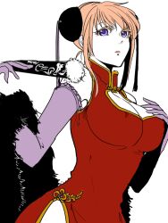 2012 aged_up big_breasts bun_cover china_dress chinese_clothes cleavage cleavage_cutout double_bun elbow_gloves feather_boa female female_only folding_fan fully_clothed gintama gloves hair_ornament hand_fan kagura_(gintama) looking_at_viewer nipple_bulge official_alternate_costume orange_hair purple_eyes solo yatsuka