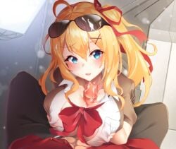 1boy ahoge aqua_eyes blonde_hair blue_eyes blush breasts breasts_squeezed_together censored cleavage collared_shirt commander_(girls'_frontline) commentary cum cum_on_eyewear cum_on_hair cum_on_penis dress_shirt eyewear_on_head facial female girls'_frontline gradient_eyes hair_between_eyes hair_ornament hair_ribbon hairclip kalina_(girls'_frontline) large_breasts long_hair looking_at_viewer maze_yuri mosaic_censoring multicolored_eyes open_clothes open_shirt orange_hair paizuri paizuri_under_clothes penis pov pov_crotch red_ribbon red_shirt ribbon shirt side_ponytail smile solo_focus straight sunglasses white_shirt x_hair_ornament