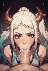 1boy 1girls :>= ai_generated blowjob cum cum_in_mouth horns looking_at_viewer one_piece pixai pov self_upload whisperinggale yamato_(one_piece)